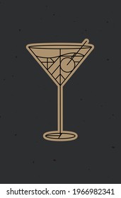 Art deco cocktail cosmopolitan drawing in line style on dark background