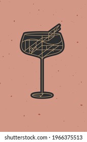 Art deco cocktail cuba libre drawing in line style on powder coral background