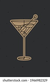 Art Deco Cocktail Dirty Martini Drawing In Line Style On Dark Background