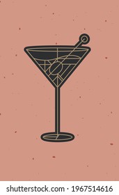 Art Deco Cocktail Dirty Martini Drawing In Line Style On Powder Coral Background