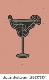 Art deco cocktail margarita drawing in line style on powder coral background