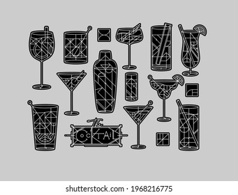 Art deco cocktail set drawing in line style on grey background