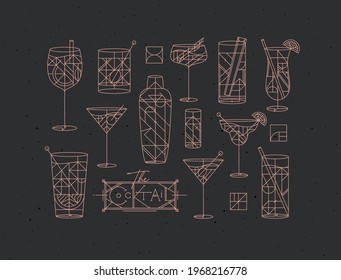 Art deco cocktail set. Drawing in line style on dark background