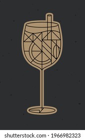 Art deco cocktail spritz drawing in line style on dark background