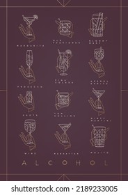 Art deco cocktails poster with glasses and names of the drink. Margarita, old fashioned, bloody mary, prosecco, pina colada, aperol spritz, shot, tom collins, dirty martini, wine, manhattan, mojito dr