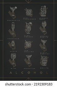 Art deco cocktails poster with glasses and names of the drink. Margarita, old fashioned, bloody mary, prosecco, pina colada, aperol spritz, shot, tom collins, dirty martini, wine, manhattan, mojito dr