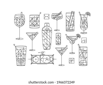 Art deco cocktails set drawing in line style on white background