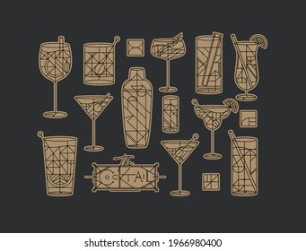 Art deco cocktails set drawing in line style with fill gold on dark background