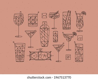 Art deco cocktails set drawing in line style on powder coral background