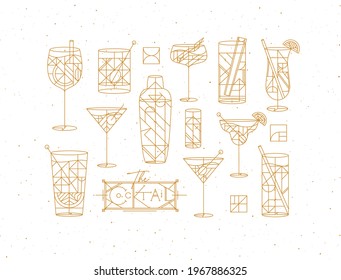 Art deco cocktails set drawing in gold line style on white background
