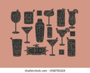 Art deco cocktails set drawing in line style with fill dark on powder coral background