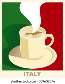 Art Deco Coffee Poster With Flag Italy. Coffee Vintage Concept. National Coffee Shop, Cafe, Restaurant, Bar. Vector EPS 10.