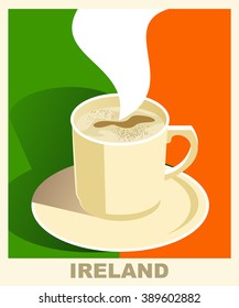 Art deco coffee poster with flag Ireland. Coffee vintage concept. National coffee shop, cafe, restaurant, bar. Vector EPS 10.