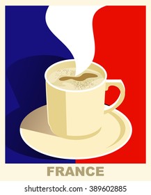Art deco coffee poster with flag France. Coffee vintage concept. National coffee shop, cafe, restaurant, bar. Vector EPS 10.