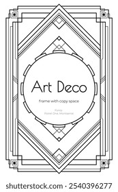 Art Deco coloring page black and white design. Vintage geometric art deco frame with copy space.