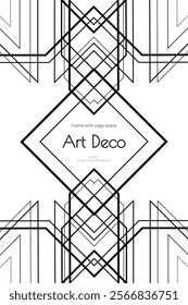 Art Deco coloring page black and white design. Vintage geometric art deco frame with copy space.