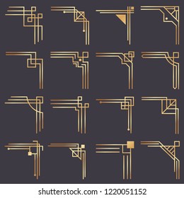 Art Deco Corner. Modern Graphic Corners For Vintage Gold Pattern Border. Golden 1920s Fashion Decorative Lines Frame Or Vector Ornaments Geometric Frames Classic Isolated Symbols Vector Set