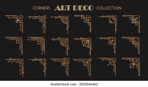 Art deco corners. Modern style frame fashion corner beauty collection, 1920s old poster cornering patterns illustration, line decoration design luxury elegant accents