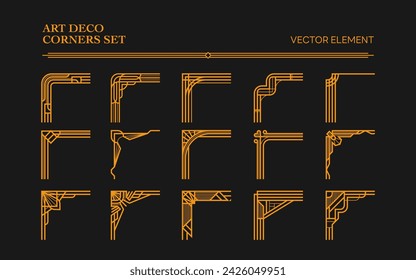 Conjunto de esquinas Art Deco, esquinas de oro vintage, esquinas de oro geométrico, esquinas de lujo geométricas de línea, tarjeta de etiqueta de banner de boda, ilustración vectorial de fondo geométrico