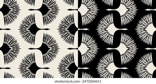 Art deco crane seamless vector patterns. Contrasting black and white colors.