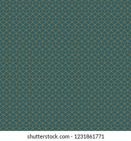 Art Deco Cubes, seamless and tileable pattern. Endless texture for wallpaper, wrapping paper etc. Vector eps design fully editable, gold on teal background.