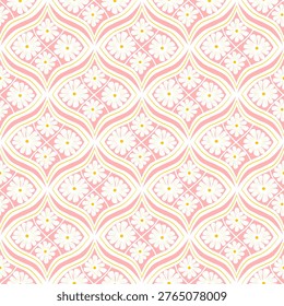 Art deco daisy pattern in quadrants. Vintage and modern seamless pattern with minimalist geometric design for quilting, fabric, room decor, or wallpaper