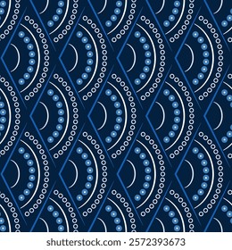 Art Deco dark blue arches seamless pattern. Monochrome wavy ornament. Scales ethnic design. Mosaic tiles background. Semicircular and dots elements