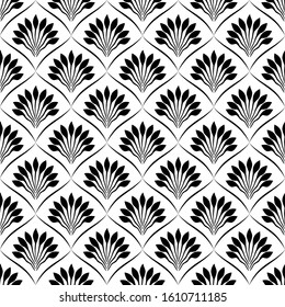 Art deco with decorative flowers shapes. Seamless pattern. Fan tiles. Floral repeating texture. Abstract leaves background. Endless wallpaper. Modern stylish graphic geometric black and white backdrop