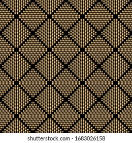 Art deco design. Abstract geometric seamless pattern with golden squared ornament on black background. Vintage decorative texture. Modern stylish luxury illustration for wallpaper, web page, textile. 