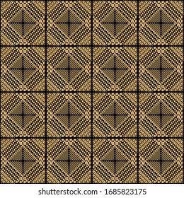 Diseño Art Déco. Patrón abstracto geométrico sin fisuras con adorno cuadrado dorado sobre fondo negro. Textura decorativa vintage. Moderna y elegante ilustración de lujo para papel pintado, página web, textil.