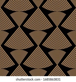 Art deco design. Abstract geometric seamless pattern with golden triangular ornament on black background. Vintage decorative texture. Modern stylish luxury illustration for wallpaper, web, textile.