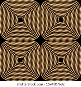 Art deco design. Abstract geometric seamless pattern with golden squared ornament on black background. Vintage decorative texture. Modern stylish luxury illustration for wallpaper, web page, textile. 