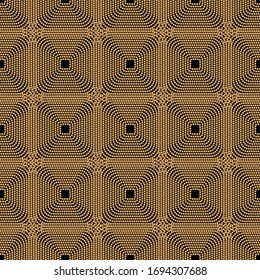 Art deco design. Abstract geometric seamless pattern with golden squared ornament on black background. Vintage decorative texture. Modern stylish luxury illustration for wallpaper, web page, textile. 