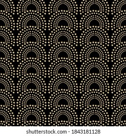 Art deco design. Abstract geometric seamless pattern with golden round ornament on black background. Vintage decorative texture. Modern luxury illustration for wallpaper, web page, textile. 