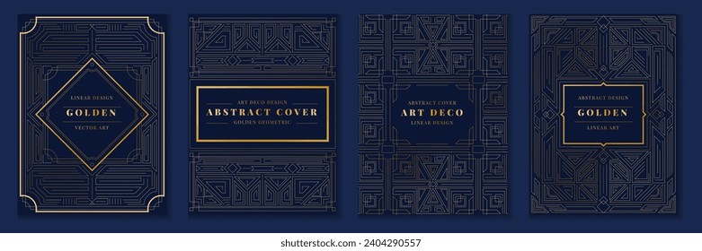 Art deco design. Golden geometric cards. Great Gatsby pattern. 1920 luxury modern background. Royal lines motif. Abstract classic outline frames. Garish texture premium decor. Vector blue posters set