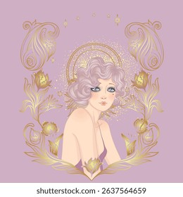 Art Deco design template with elegant flapper girl, geometric shapes, and decorative elements in dusty rose and gold tones. Perfect for invitations, fashion branding, events, or digital decor.