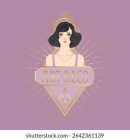 Art Deco design template with elegant flapper girl, geometric shapes, and decorative elements in dusty rose and gold tones. Perfect for invitations, fashion branding, events, or digital decor.