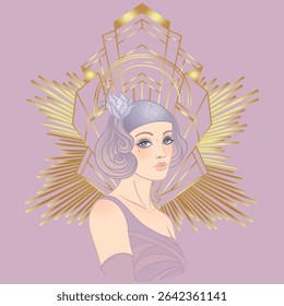 Template de design Art Déco avec élégante fille à clapet, formes géométriques et éléments décoratifs dans des tons roses et dorés poussiéreux. Idéal pour les invitations, les marques de mode, les événements ou la décoration numérique.