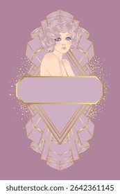 Art Deco design template with elegant flapper girl, geometric shapes, and decorative elements in dusty rose and gold tones. Perfect for invitations, fashion branding, events, or digital decor.