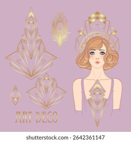 Template de design Art Déco avec élégante fille à clapet, formes géométriques et éléments décoratifs dans des tons roses et dorés poussiéreux. Idéal pour les invitations, les marques de mode, les événements ou la décoration numérique.