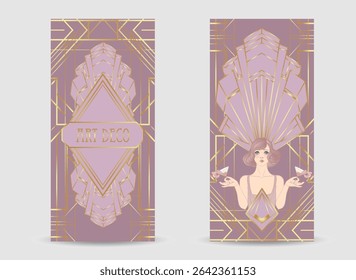 Template de design Art Déco avec élégante fille à clapet, formes géométriques et éléments décoratifs dans des tons roses et dorés poussiéreux. Idéal pour les invitations, les marques de mode, les événements ou la décoration numérique.