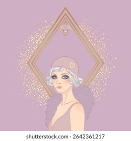 Art Deco design template with elegant flapper girl, geometric shapes, and decorative elements in dusty rose and gold tones. Perfect for invitations, fashion branding, events, or digital decor.