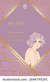 Art Deco design template with elegant flapper girl, geometric shapes, and decorative elements in dusty rose and gold tones. Perfect for invitations, fashion branding, events, or digital decor.