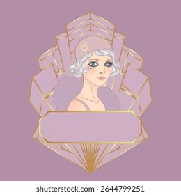 Art Deco design template with elegant flapper girl, geometric shapes, and decorative elements in dusty rose and gold tones. Perfect for invitations, fashion branding, events, or digital decor.