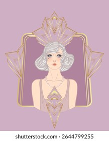 Art Deco design template with elegant flapper girl, geometric shapes, and decorative elements in dusty rose and gold tones. Perfect for invitations, fashion branding, events, or digital decor.