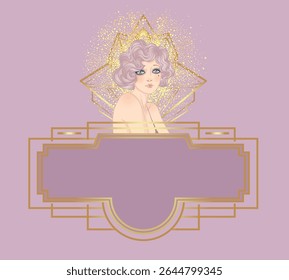 Template de design Art Déco avec élégante fille à clapet, formes géométriques et éléments décoratifs dans des tons roses et dorés poussiéreux. Idéal pour les invitations, les marques de mode, les événements ou la décoration numérique.