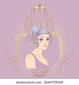 Template de design Art Déco avec élégante fille à clapet, formes géométriques et éléments décoratifs dans des tons roses et dorés poussiéreux. Idéal pour les invitations, les marques de mode, les événements ou la décoration numérique.