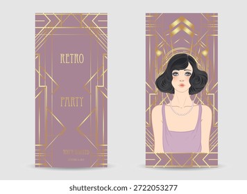 Plantilla de diseño art déco con elegante chica flapper, Formas geométricas y Elementos decorativos en tonos rosa y oro polvorientos. Perfecto para invitaciones, marca de moda, eventos,