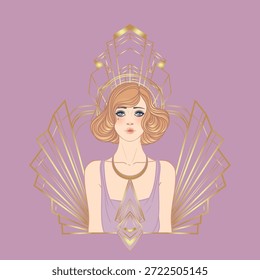 Modelo de design Art Deco com menina flapper elegante, formas geométricas e elementos decorativos em rosa empoeirada e tons de ouro. Perfeito para convites, marca de moda, eventos,