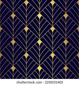 Art Deco Diamant-Lüftermuster. Luxuriöse geometrische Dekoration aus Gold und Marineblau. 